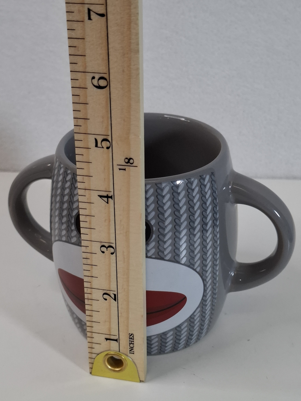 Gray Double-Handled Sock Monkey Ceramic Mug with Playful Face - Picture 7 of 7